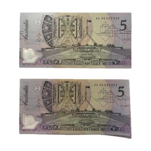 1992 $5 (First polymer type light pink) Fraser Cole Consecutive pair - Uncirculated