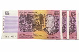 1985 $5 Johnston-Fraser consecutive trio - Uncirculated