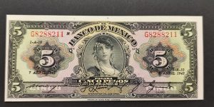 Mexico 5 Pesos 1943 aUNC P34e