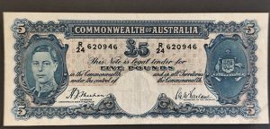 Australia 1939 King GVI Five Pounds Sheehan/McFarlane aVF - Scarce Blue Signature Variety