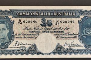 Australia 1939 King GVI Five Pounds Sheehan/McFarlane aVF - Scarce Blue Signature Variety