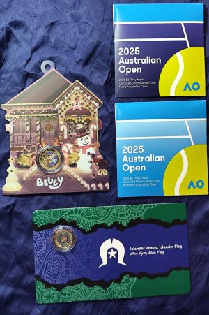 2025 Christmas Bundle $1 coloured Bluey + Torres Strait $2  'c'+ Tennis Coin $2 pair