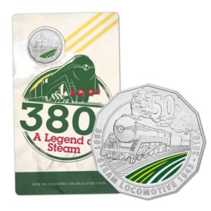 2018 50 CENT – 3801 A LEGEND OF STEAM TRAINS – COLOURED COIN – CARDED & UNC