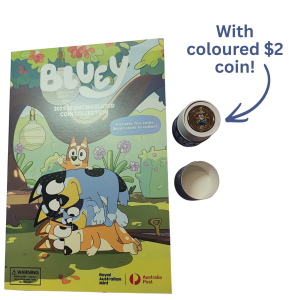 2026 $2 Folder With (Opened) Tube of 5 Bluey Coins - With Rare "Sleepytime" Coloured Version