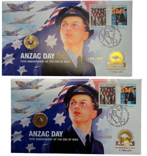 2020 $2 ANDA Brisbane ANZAC Day 75th Anniversary of The End of WWII 2 PNC Set
